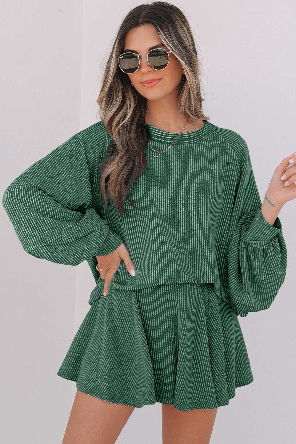 Jet Stream Corded Lantern Sleeve Top High Waist Ruffled Mini Skirt Set