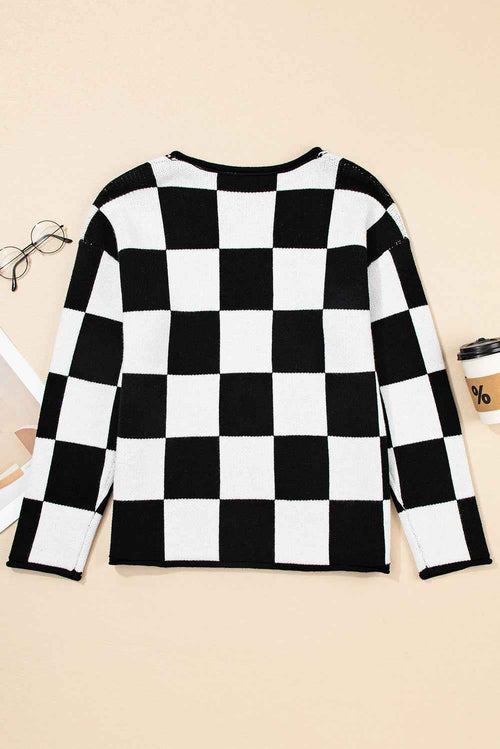 Black Checked Notched Neckline Drop Shoulder Knit Sweater by Wild and Free Boutique