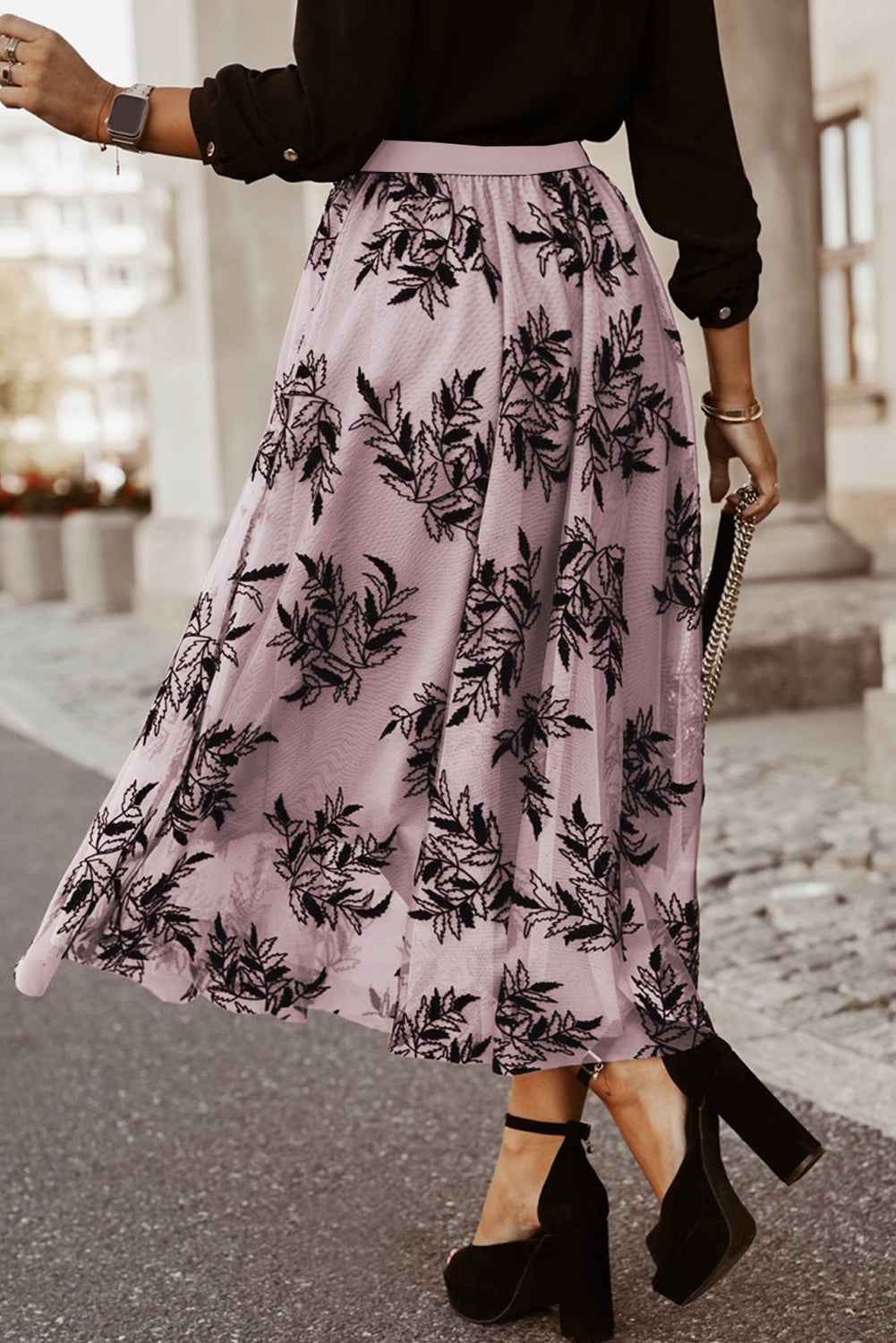 Peach Blossom Floral Leaves Embroidered High Waist Maxi Skirt