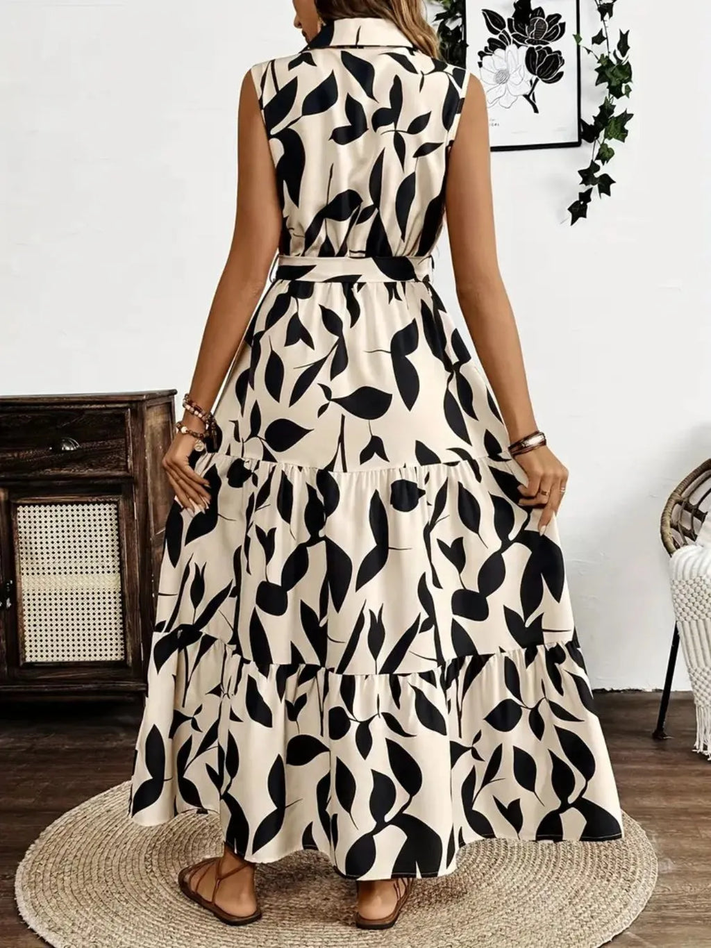 Printed Tie Waist Sleeveless Maxi Dress by Shopiebay