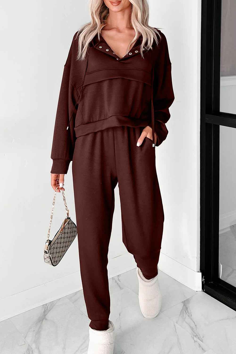 Chicory Coffee Button Drawstring Cropped Hoodie Jogger 2pcs Set