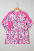 Pink Plus Size Floral Print Corded Patchwork Loose Top