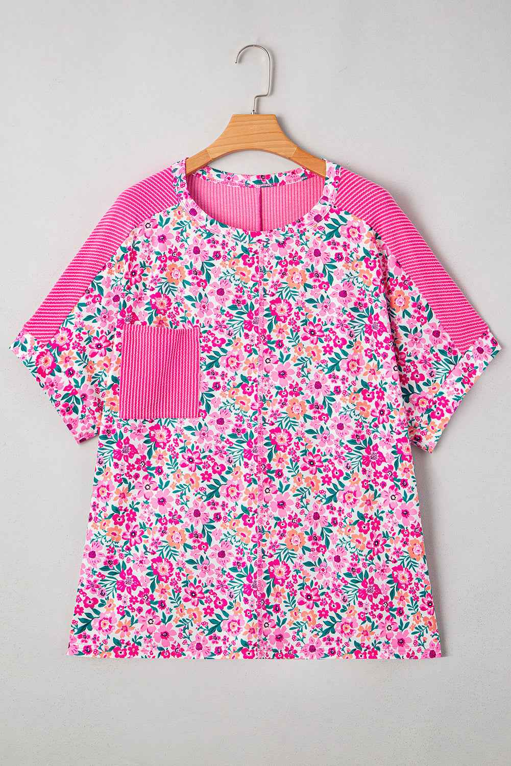 Pink Plus Size Floral Print Corded Patchwork Loose Top
