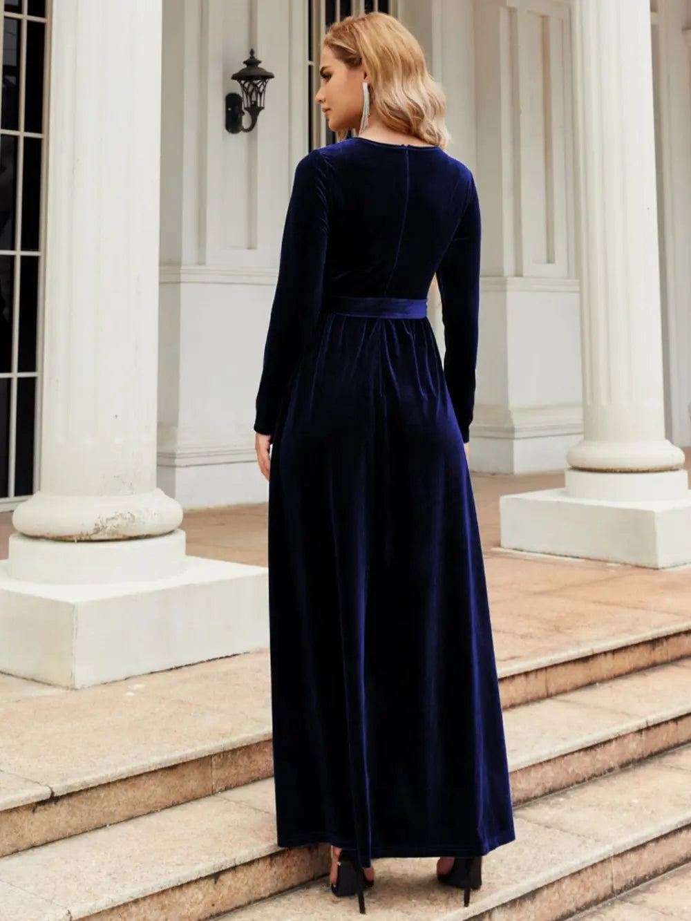 Tie Front Round Neck Long Sleeve Maxi Dress by Shopiebay