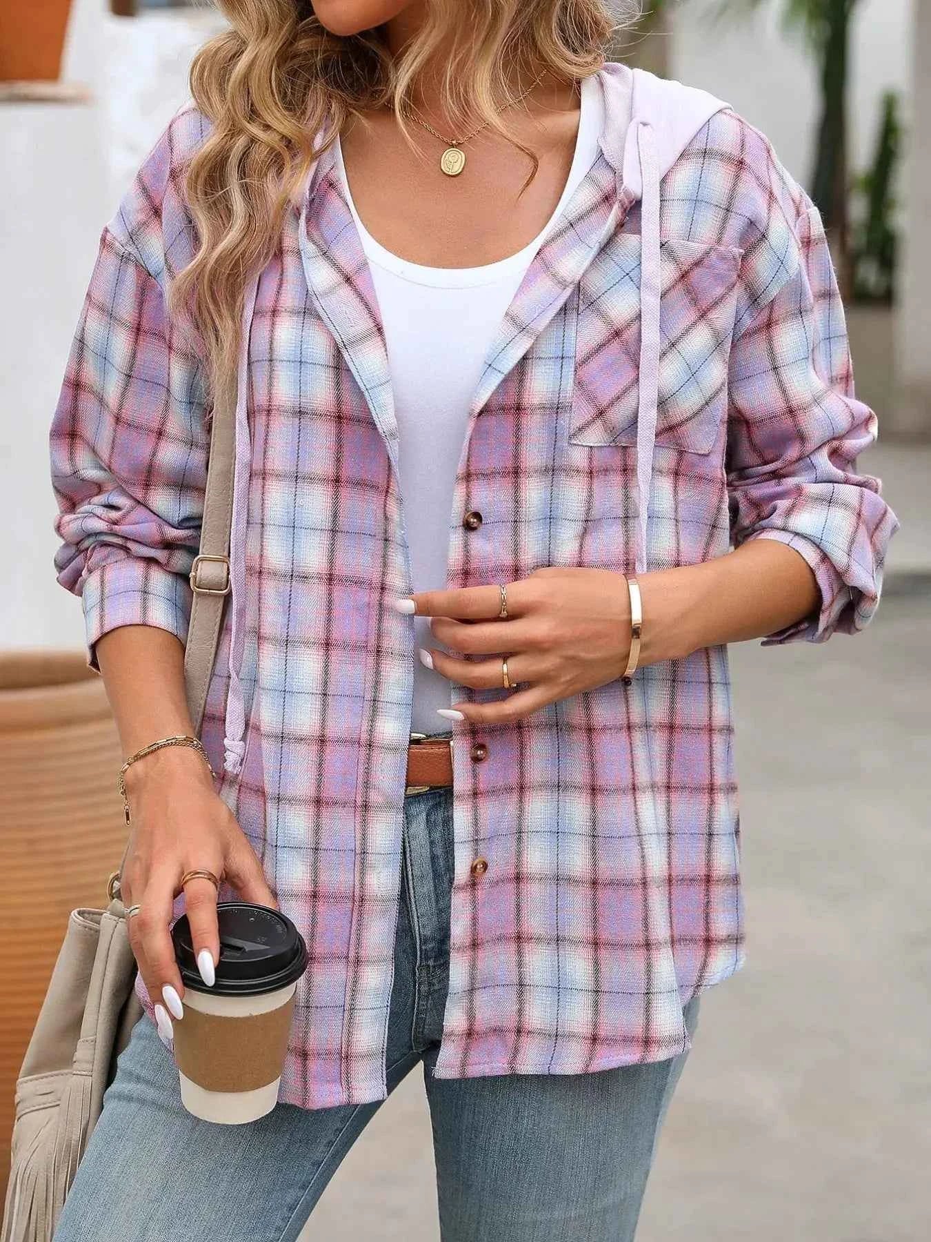 Plaid Button-Up Oversized Hooded Shirt with Chest Pocket