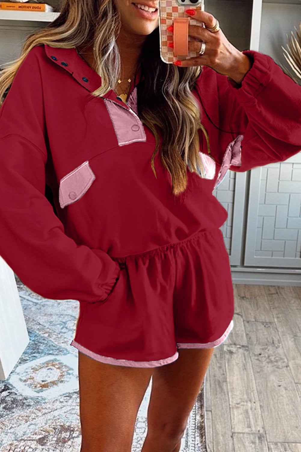 Red Dahlia Colorblock Patchwork Half Button Pullover and Shorts Outfit