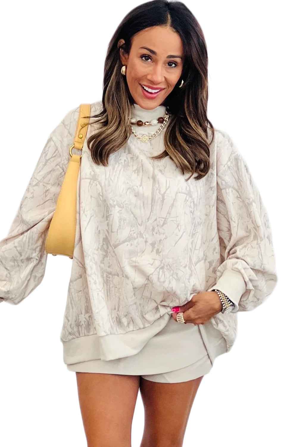 Khaki Camo Print Mock Neck Loose Sweatshirt