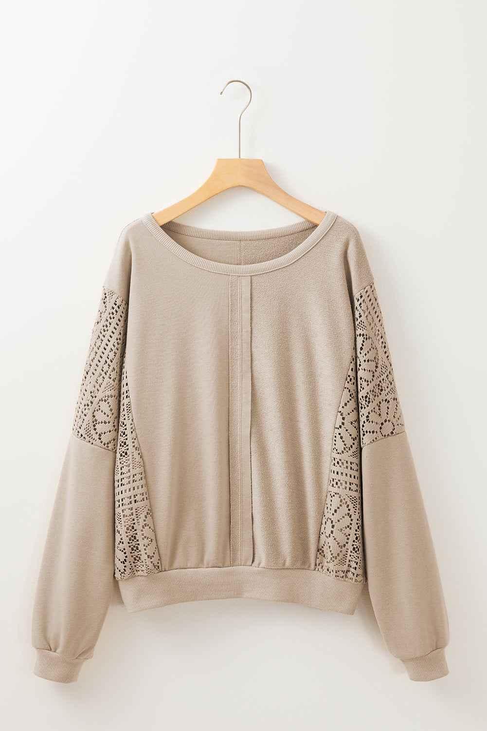 Parchment Knit Crochet Exposed Seam Ribbed Trim Sweatshirt