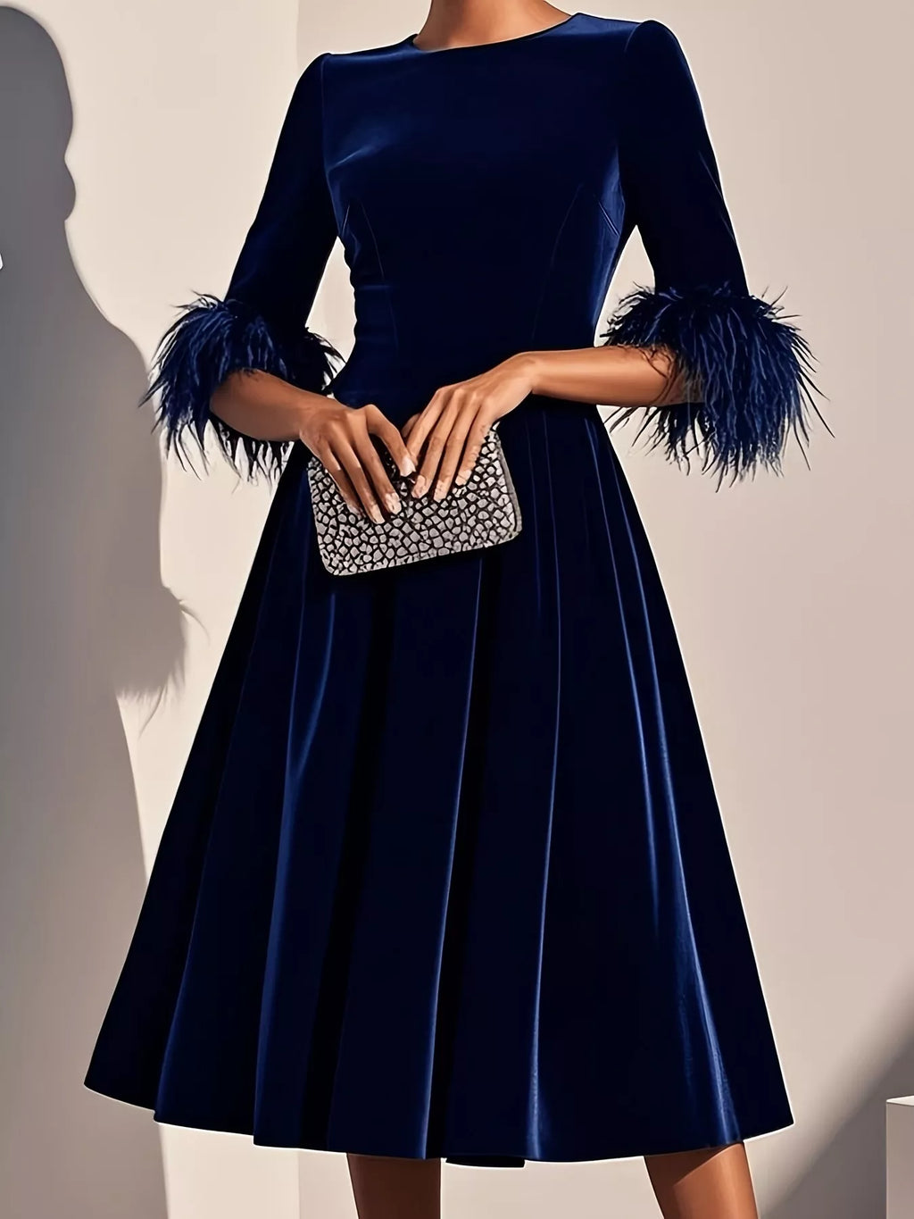 Velvet Midi Dress with Feather Cuffs by Shopiebay