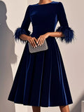 Velvet Midi Dress with Feather Cuffs by Shopiebay