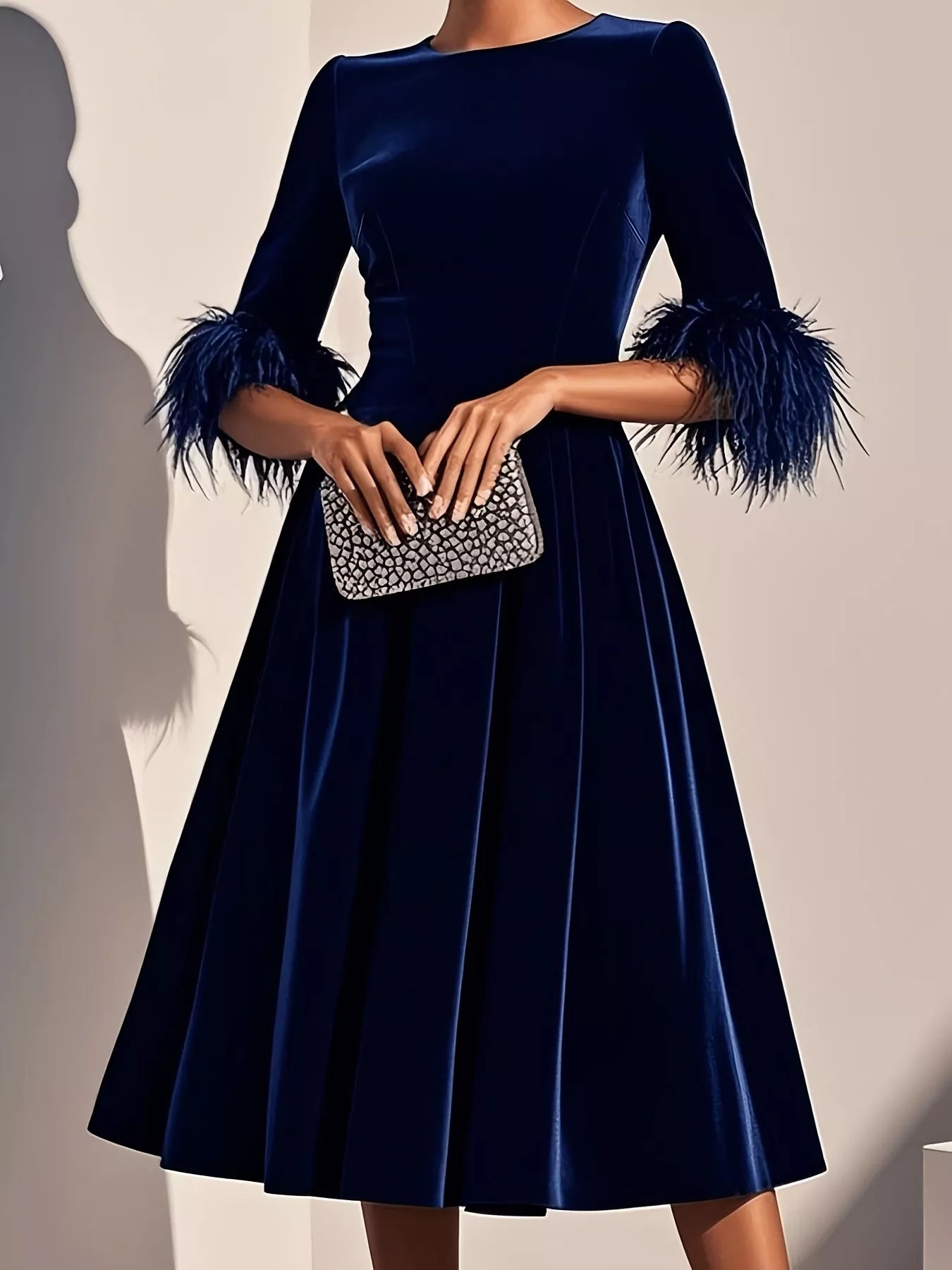 Velvet Midi Dress with Feather Cuffs by Shopiebay