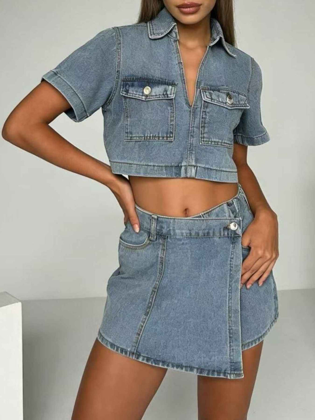 Short Sleeve Cropped Top and Skort Denim Set