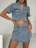 Short Sleeve Cropped Top and Skort Denim Set