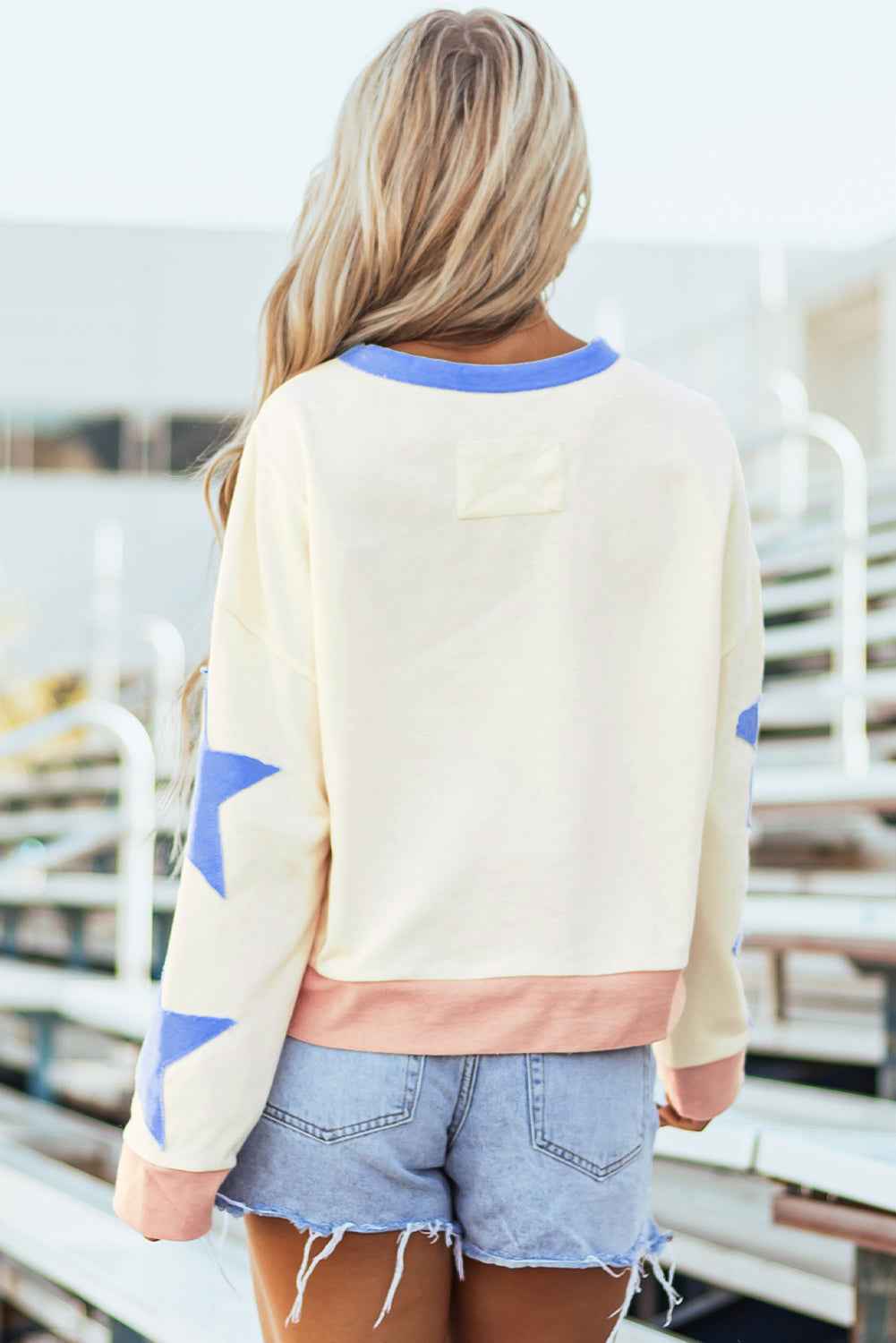 Beige Game Day Graphic Starry Patched Sleeve Contrast Trim Casual Sweatshirt