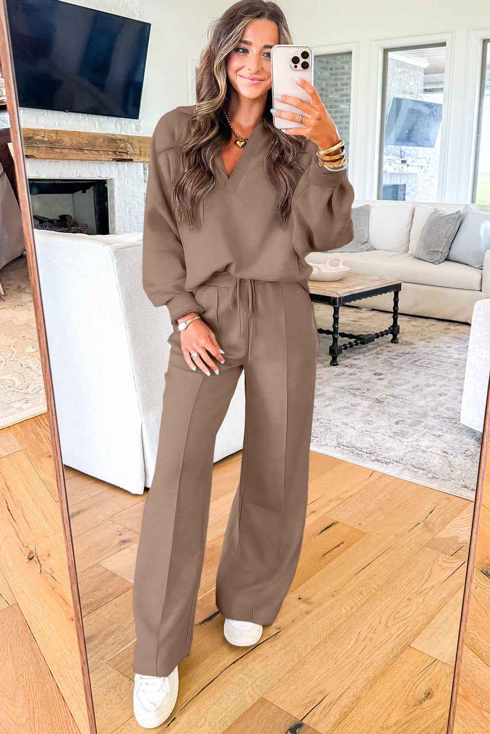 Dark Khaki Polo Collar V Neck Pullover and Drawstring Sweatpants Set