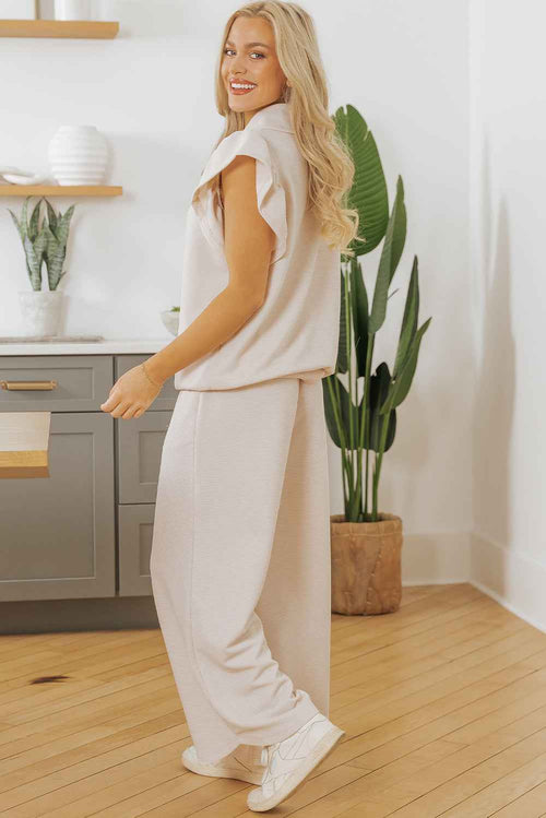 Apricot Textured Ruffled Sleeve Zipped Top and Wide Leg Pants Set by Wild and Free Boutique