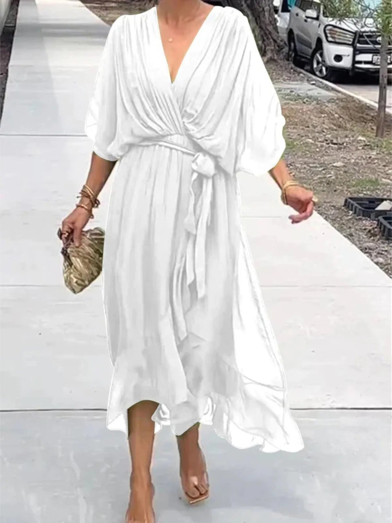 Flowy Tie Front Midi Dress with Flutter Sleeves by Shopiebay