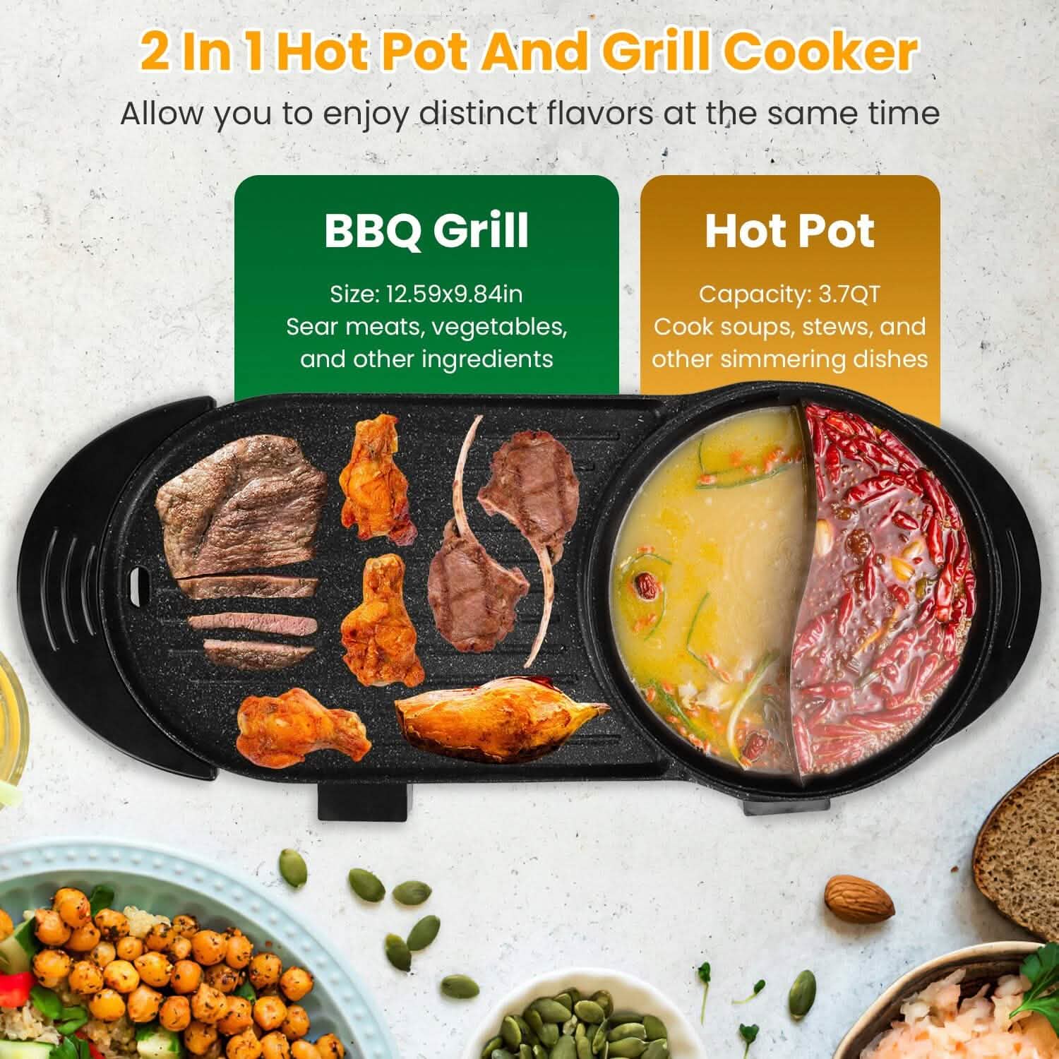 2-in-1 Electric Hot Pot with Bbq Grill Cooker 2200W by DailySale