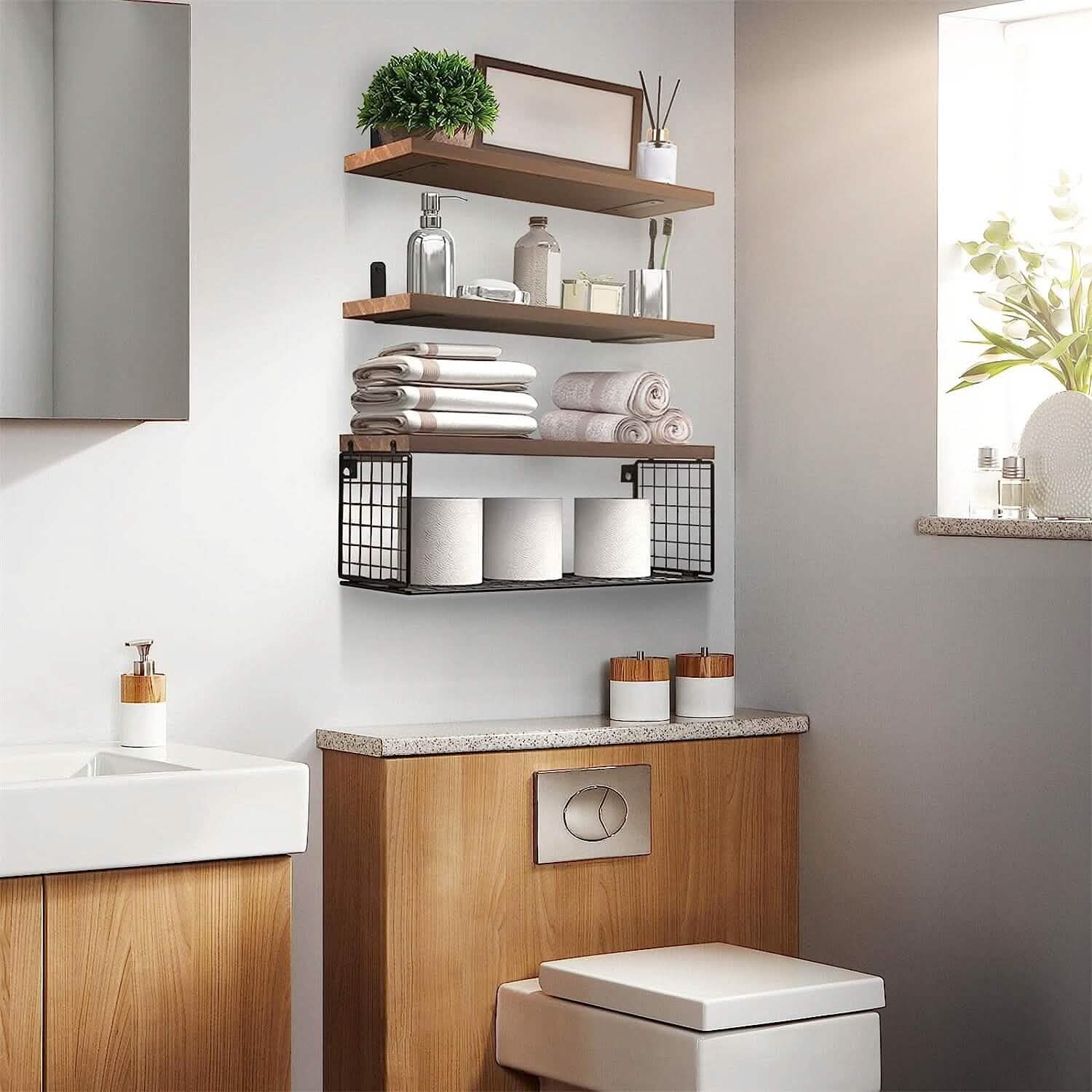 2-in-1 Floating Shelves Wall Mounted with Storage Basket by DailySale