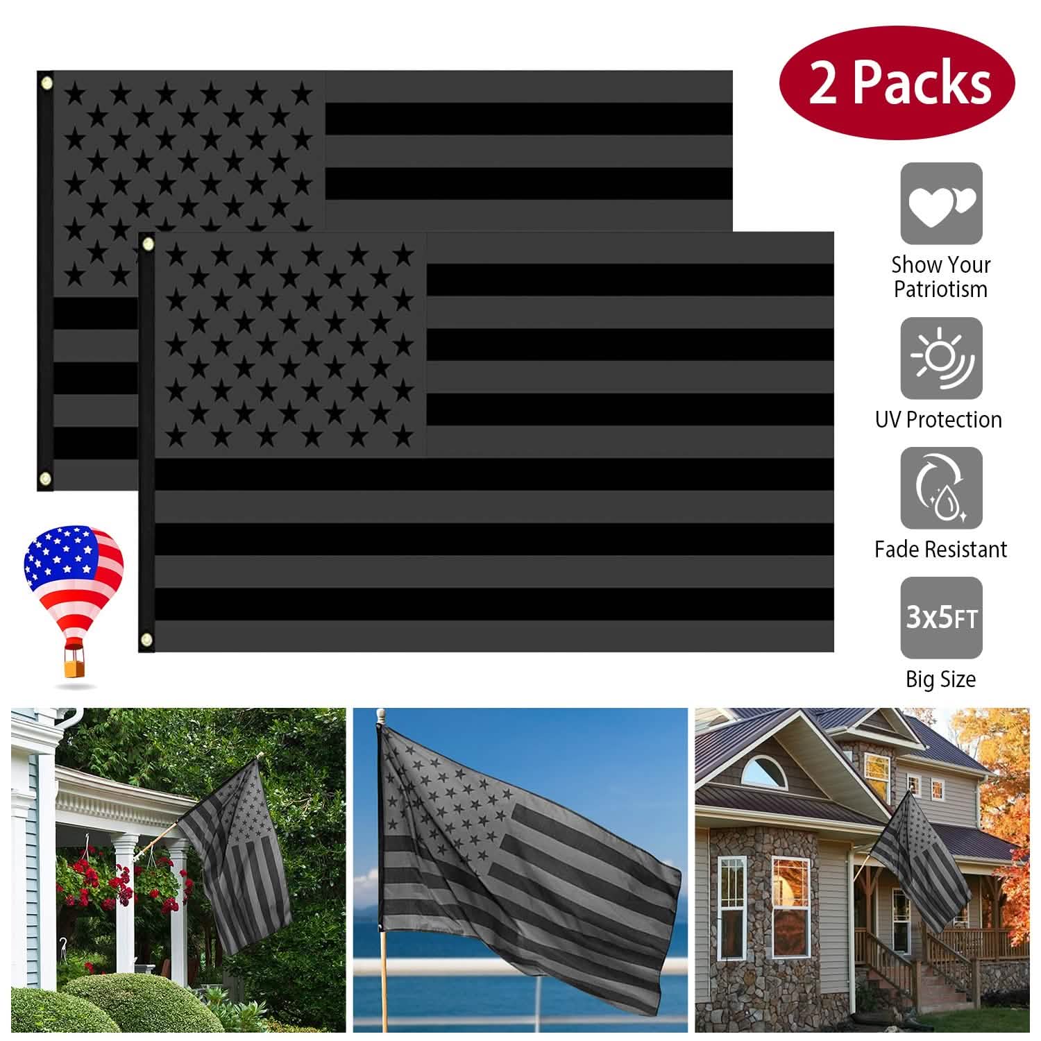 2-Pack: 3X5 Ft. All Black American Flag by DailySale