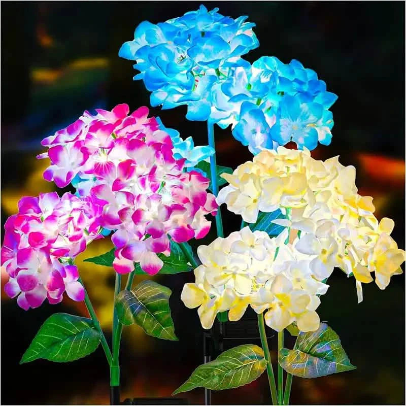 2-Pack: Hydrangea Solar LED Flower Lights with 3 Heads Outdoor Waterproof Garden Lights by DailySale