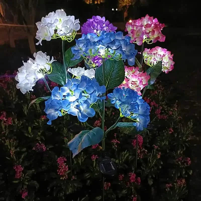 2-Pack: Hydrangea Solar LED Flower Lights with 3 Heads Outdoor Waterproof Garden Lights by DailySale