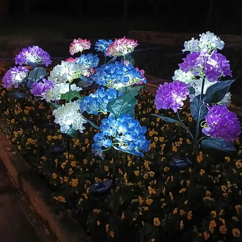 2-Pack: Hydrangea Solar LED Flower Lights with 3 Heads Outdoor Waterproof Garden Lights by DailySale