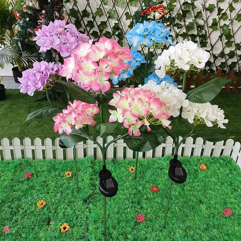 2-Pack: Hydrangea Solar LED Flower Lights with 3 Heads Outdoor Waterproof Garden Lights by DailySale