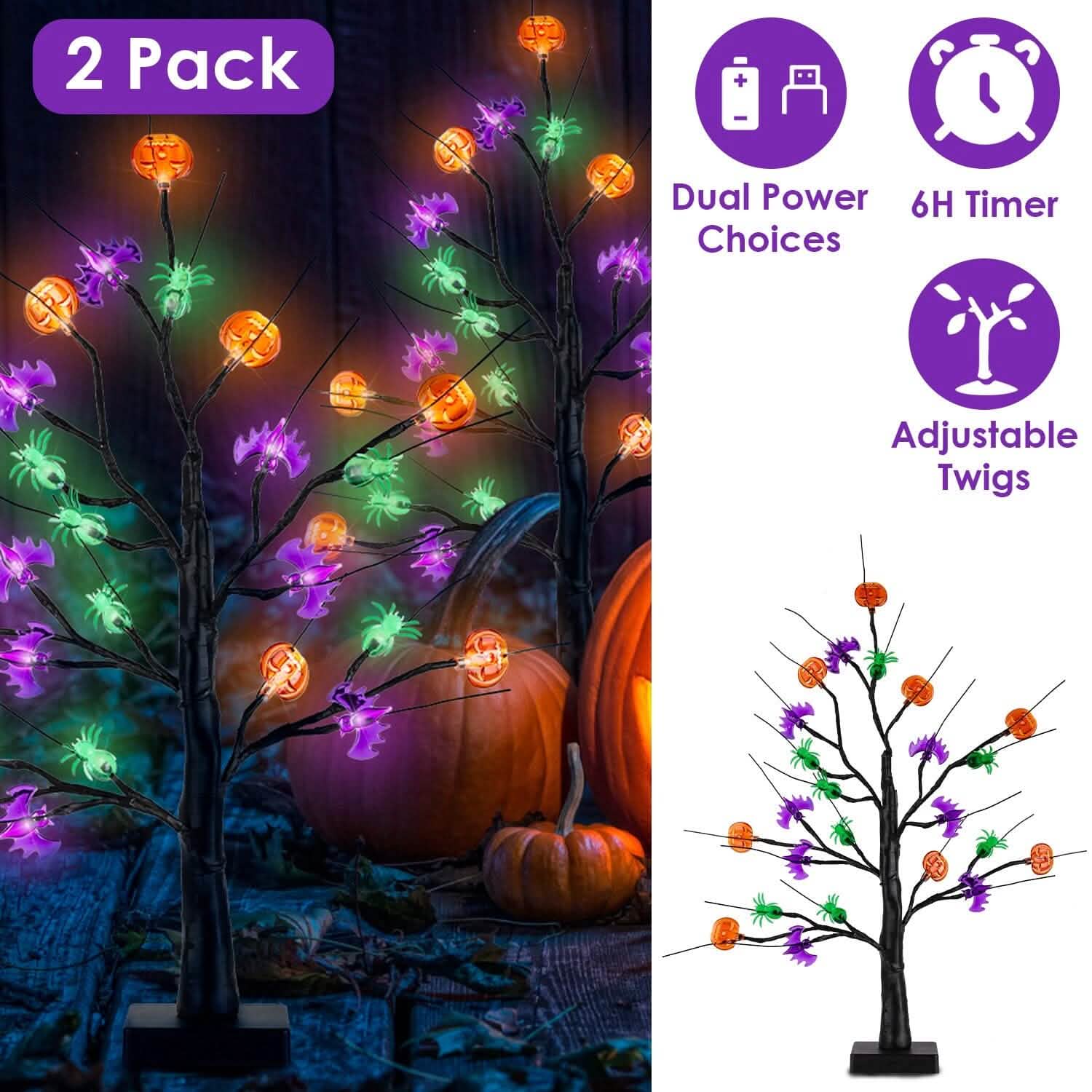 2-Pack: Lighted Halloween Trees with Timer and Adjustable Twigs by DailySale