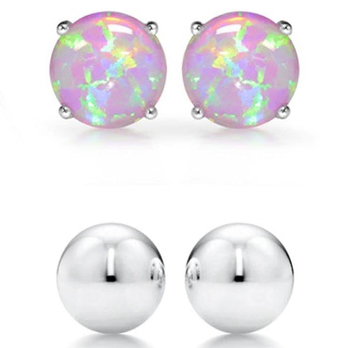 2-Pairs: Pink Opal Stud and Sterling Silver Ball Stud Set by DailySale