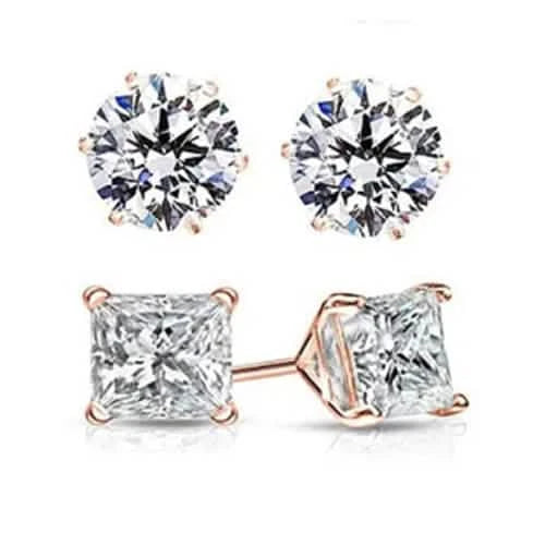2 Pairs: Round and Princess Cut Rose Gold Stud Earrings by DailySale