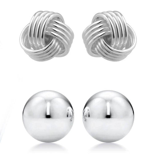 2-Pairs: Sterling Silver Love Knot and Ball Stud Earring Set by DailySale