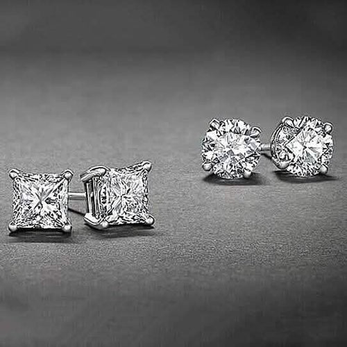 2-Pairs: White Gold High Polish Finish Stud Earrings Cubic Zirconia Round and Princess Cut by DailySale