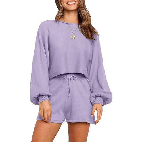 2-Piece: Knit Outfits Puff Sleeve Crop Top Shorts Set Sweater Sweatsuit by DailySale