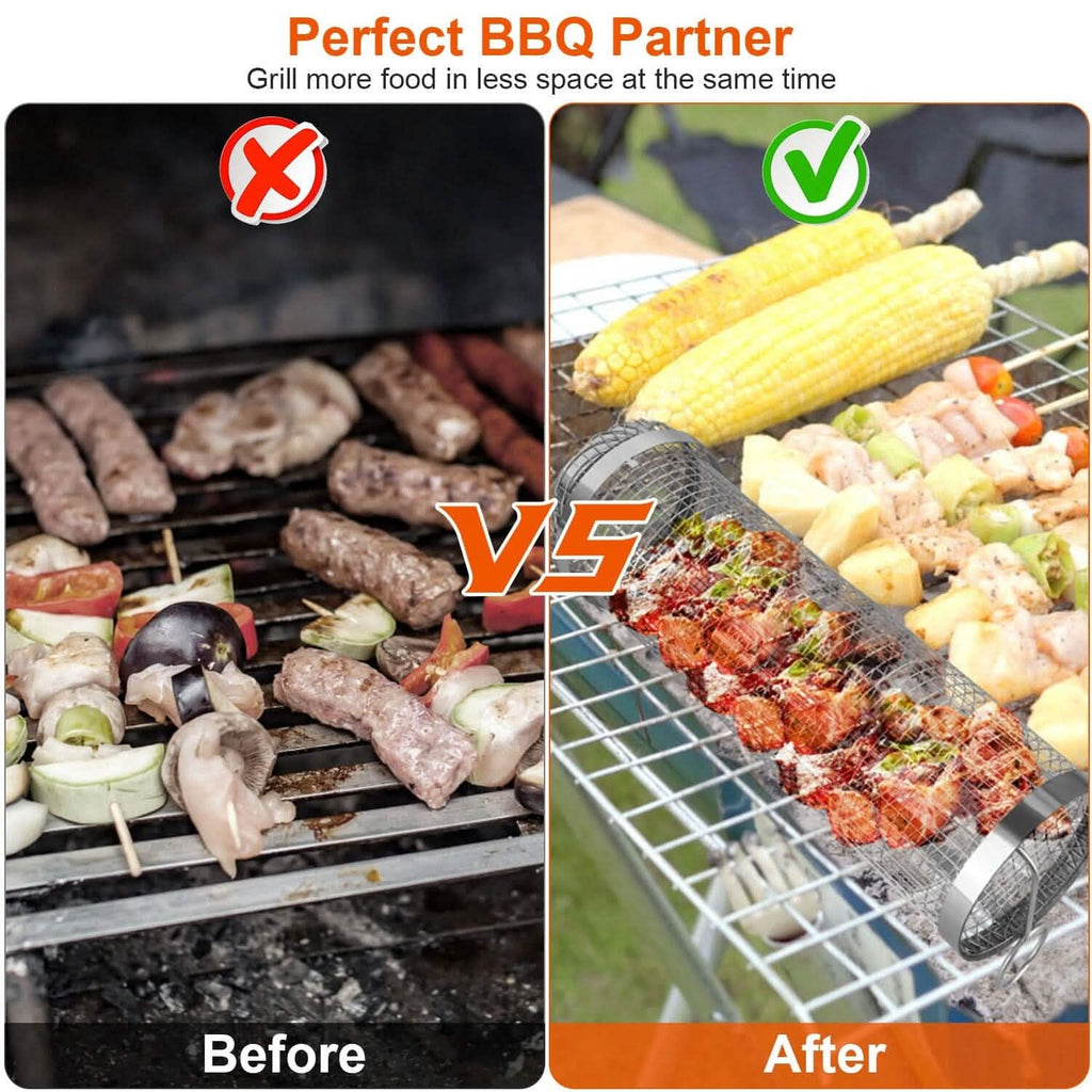 2-Piece: Portable BBQ Rolling Basket Round Stainless Steel Grill by DailySale