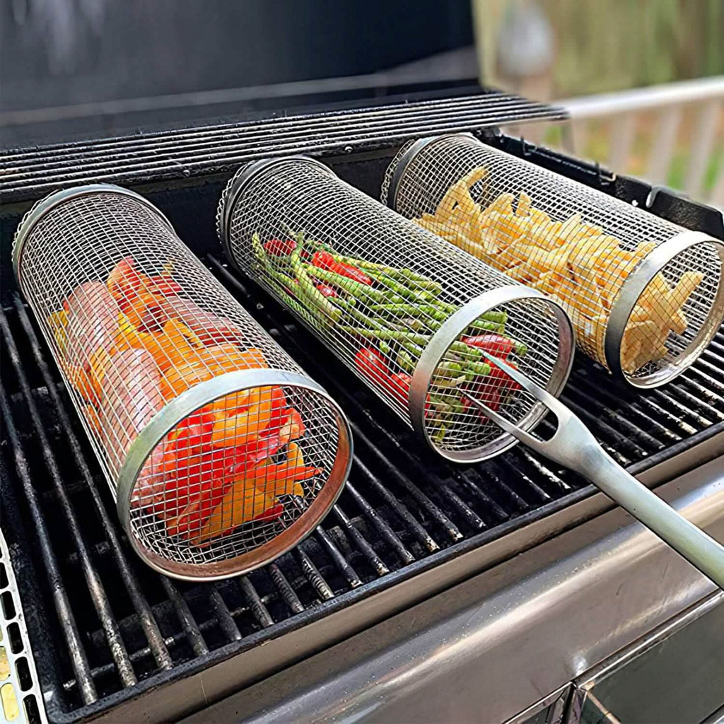 2-Piece: Portable BBQ Rolling Basket Round Stainless Steel Grill by DailySale