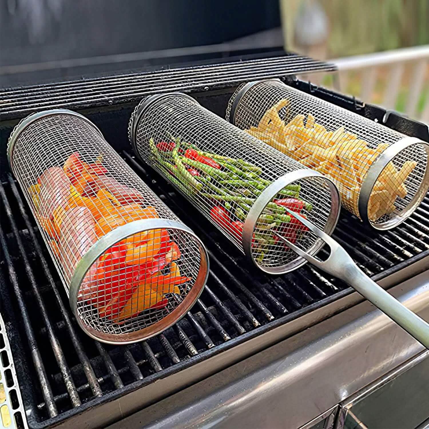 2-Piece: Portable BBQ Rolling Basket Round Stainless Steel Grill by DailySale