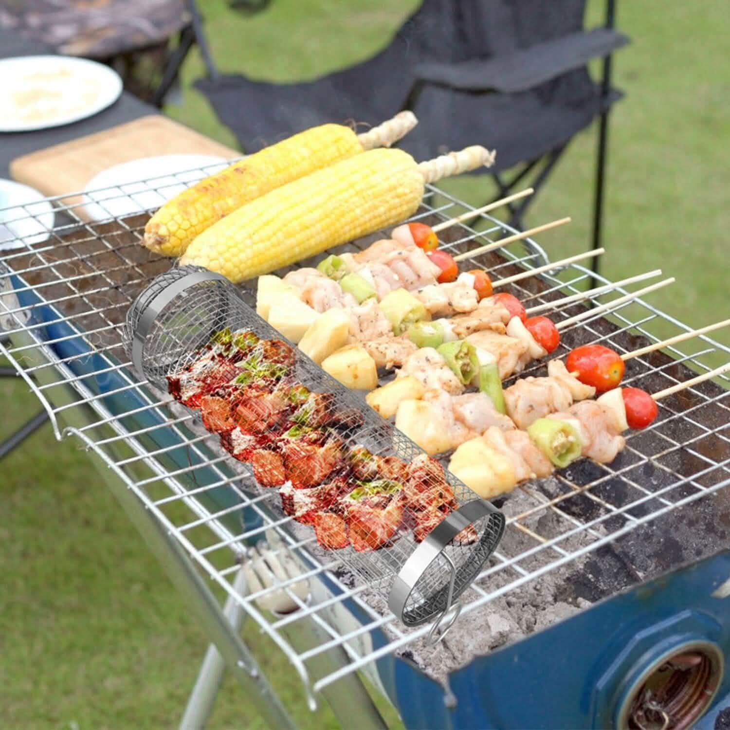 2-Piece: Portable BBQ Rolling Basket Round Stainless Steel Grill by DailySale