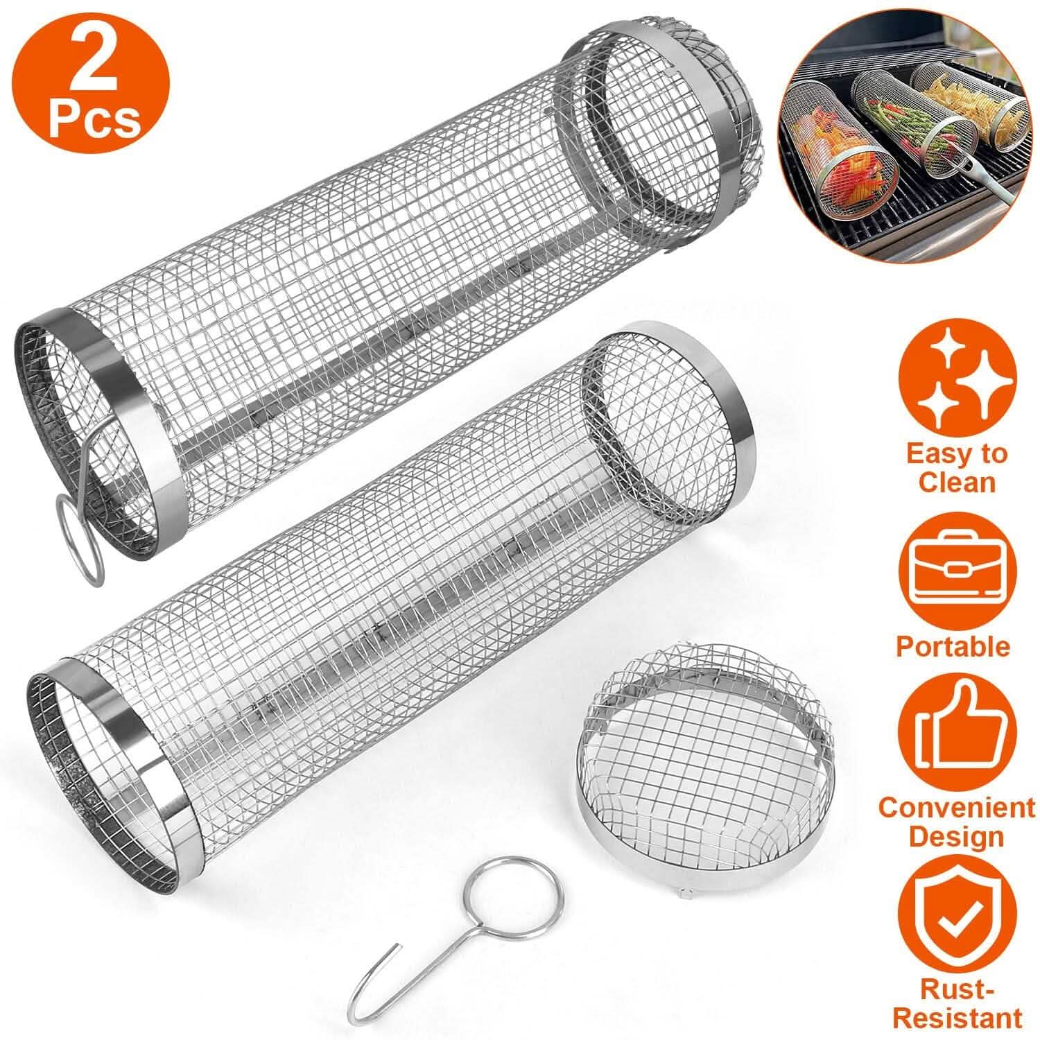 2-Piece: Portable BBQ Rolling Basket Round Stainless Steel Grill by DailySale