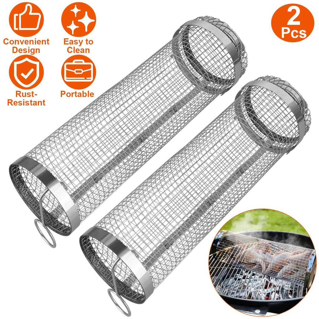2-Piece: Portable BBQ Rolling Basket Round Stainless Steel Grill by DailySale