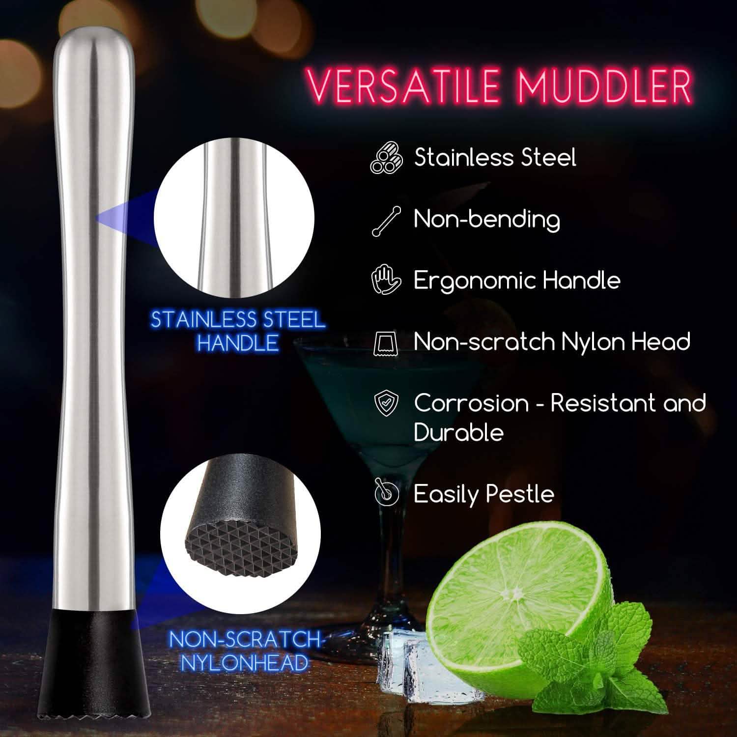 2-Piece Set: Hiware 10 Inch Stainless Steel Cocktail Muddler and Mixing Spoon Home Bar Tool Set by DailySale