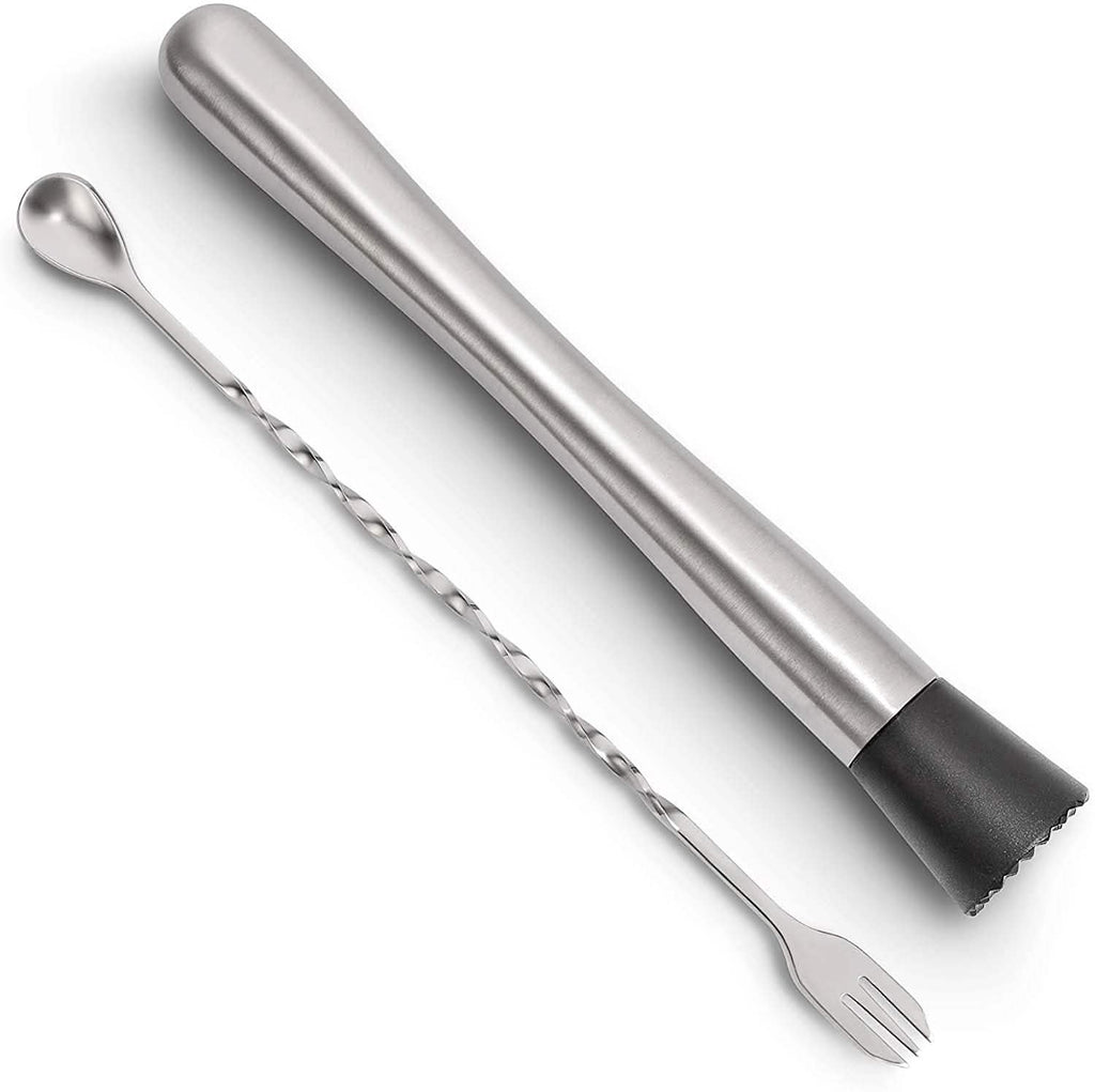 2-Piece Set: Hiware 10 Inch Stainless Steel Cocktail Muddler and Mixing Spoon Home Bar Tool Set by DailySale