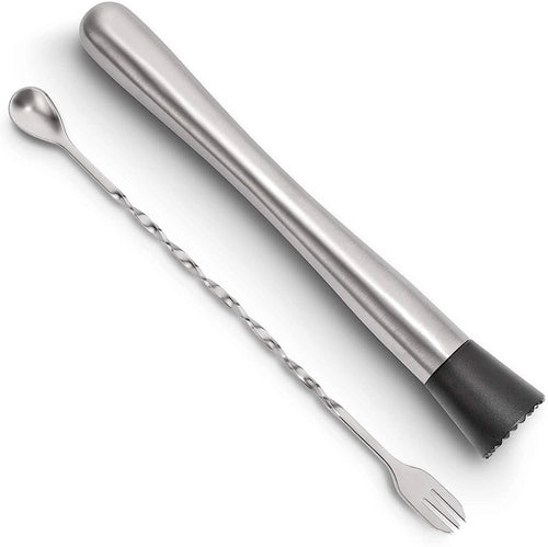 2-Piece Set: Hiware 10 Inch Stainless Steel Cocktail Muddler and Mixing Spoon Home Bar Tool Set by DailySale