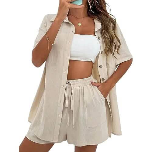 2-Piece Set: Tracksuit Outfit Sets Cotton Linen Shirt and High Waisted Mini Shorts Set by DailySale