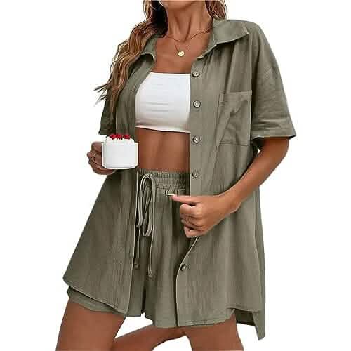 2-Piece Set: Tracksuit Outfit Sets Cotton Linen Shirt and High Waisted Mini Shorts Set by DailySale