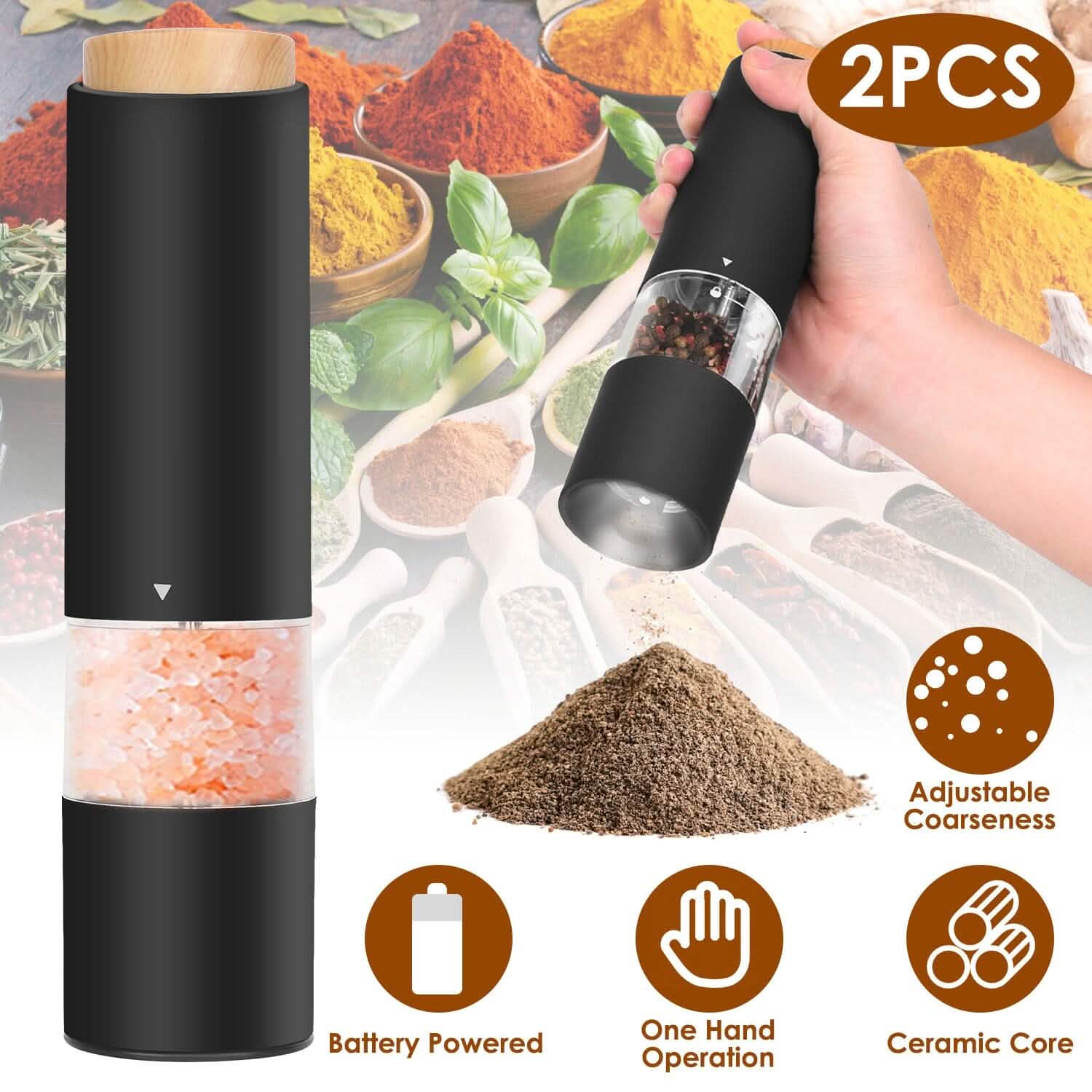 2-Pieces: Electric Salt and Pepper Grinder Battery Powered with Adjustable Coarseness by DailySale