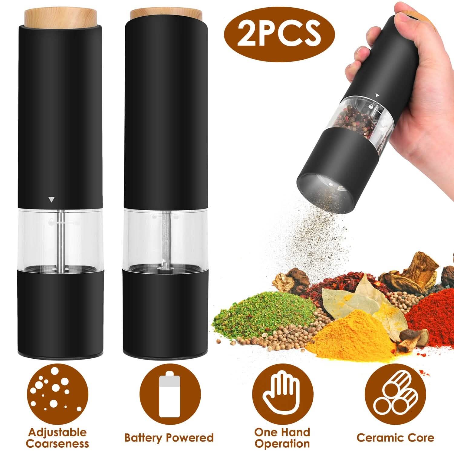 2-Pieces: Electric Salt and Pepper Grinder Battery Powered with Adjustable Coarseness by DailySale