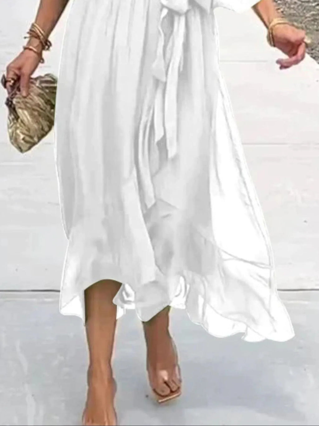 Flowy Tie Front Midi Dress with Flutter Sleeves by Shopiebay