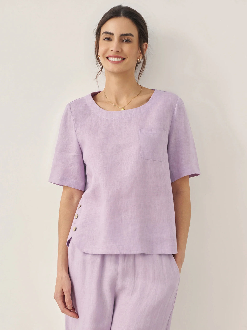 100% Linen Short-Sleeve Round Neck Button Detail Top & Pants Set SASHA