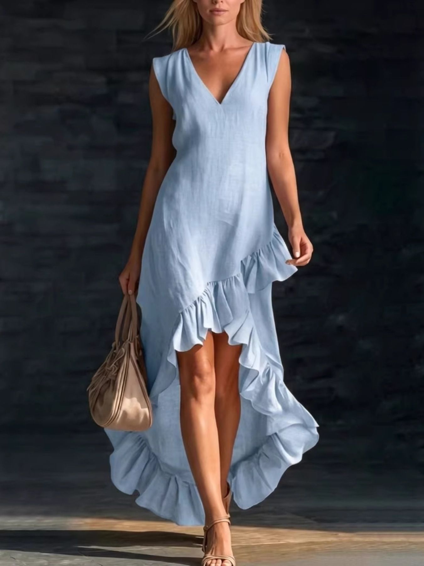 Sleeveless V-Neck Ruffle Hem High-Low Dress by Shopiebay